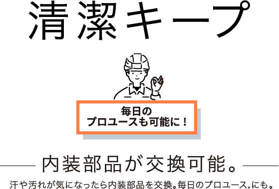 清潔キープ。内装部品が交換可能。汗や汚れが気になったら内装部品を交換。毎日のプロユースにも。