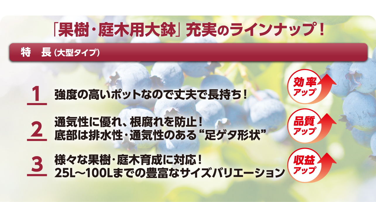 強度の高いポットなので丈夫で長持ち！通気性に優れ、根腐れを防止！底部は排水性·通気性のある“足ゲタ形状”様々な果樹·庭木育成に対応！25L～100Lまでの豊富なサイズバリエーション